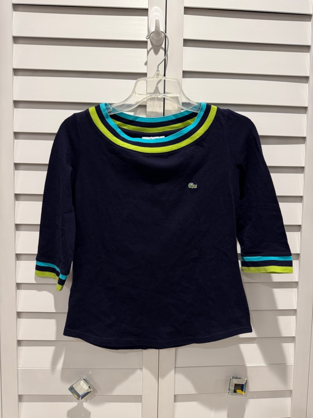 Lacoste Navy 3/4 Sleeve Top with Bright Blue and Lime Trim - Picture 2 of 8
